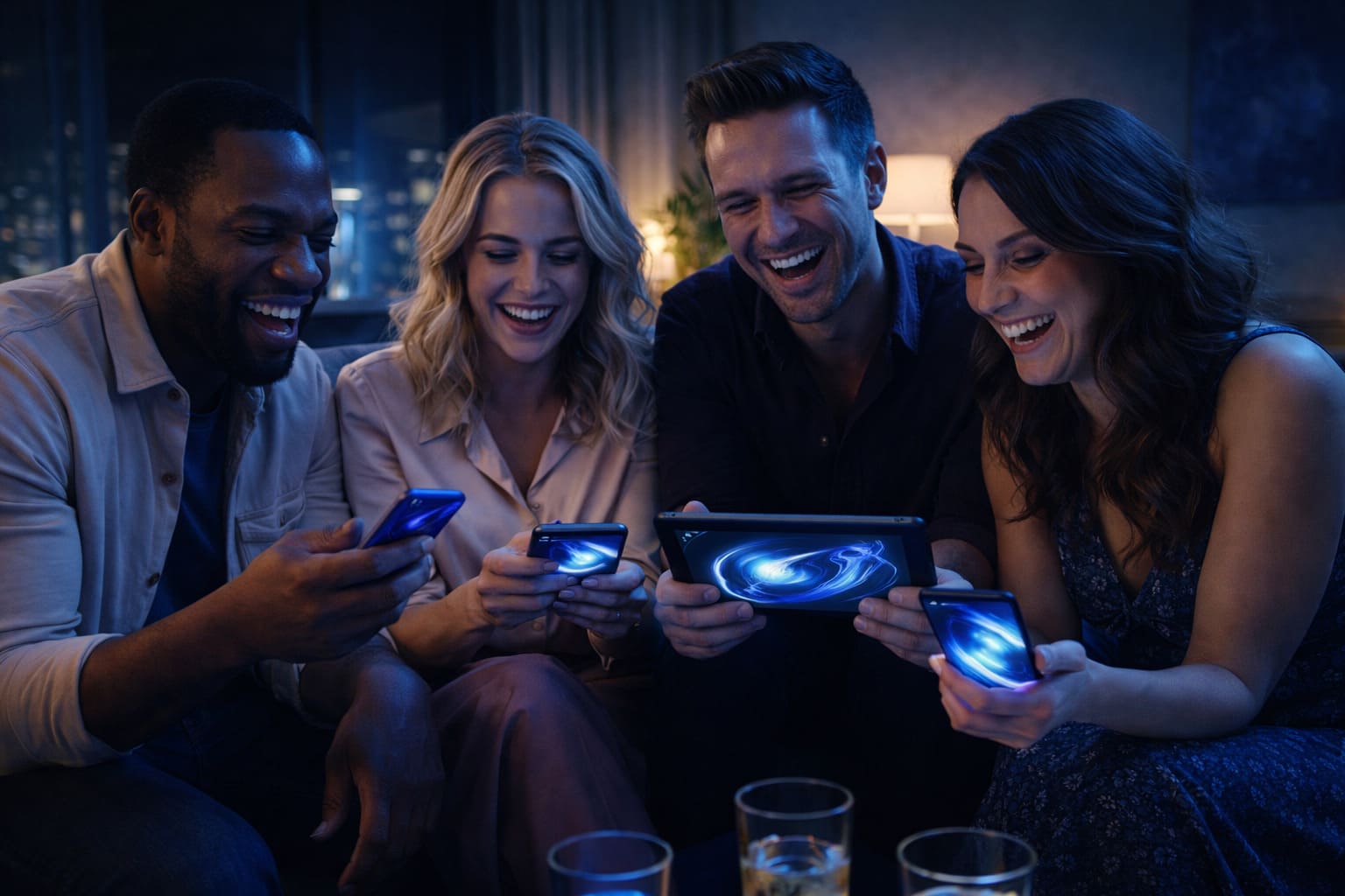 Adult friends enjoying a social game night in a modern apartment