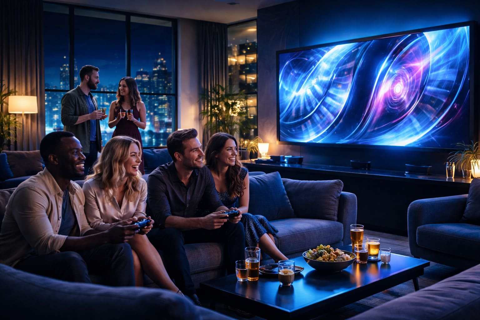 Adults enjoying a premium social gaming lounge with cool blue light