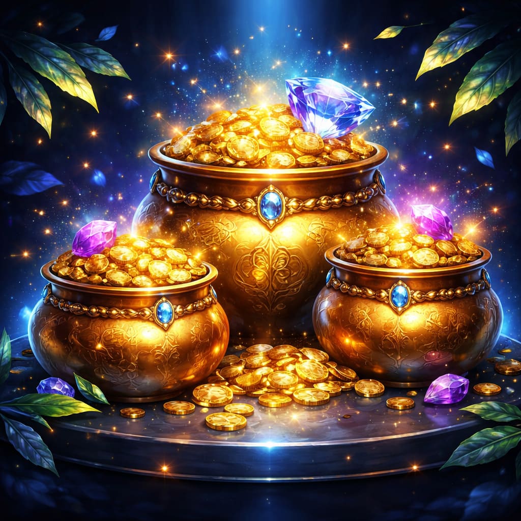 3 Pots Riches artwork with glowing treasure pots and bright blue atmosphere