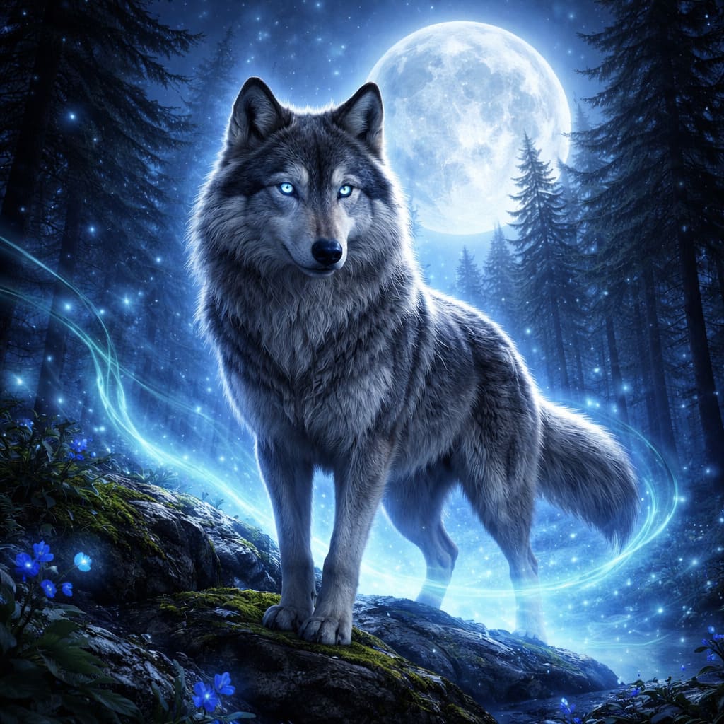 Wolf Land artwork with moonlit forest and wolves